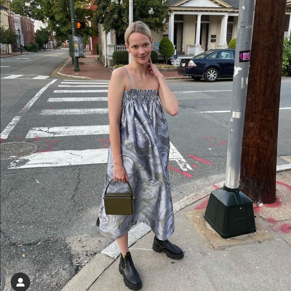 Ganni Silver Jacquard Strap Dress